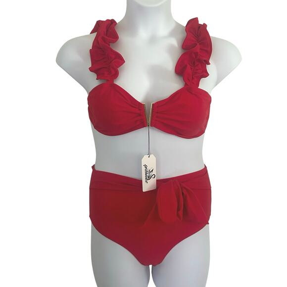 Sporlike High Waisted Ruffle Tie Red Adjustable Two-Piece Bikini M Medium New - Picture 1 of 11